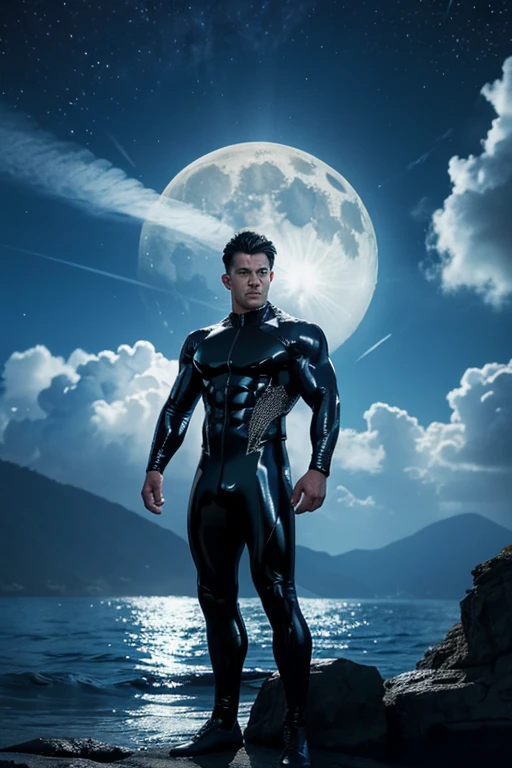 full body photorealistic very handsome God of water,super ripped abs buff body, standing blue latex shiny suits with thick filigree circle designs, with a super bulge, concentrated and dramatic face, dream vision, extremely realistic, perfect face, perfect eyes, masterpiece, artwork of intricate art, arts station. 4K HD, dark night light, dynamic, dynamic pose, action, motion blur, wide angle, cinematic lighting, post processing, dramatic compositing, dramatic view, dramatic angle view,, Majestic Moon as the backgroud with cloud and rays