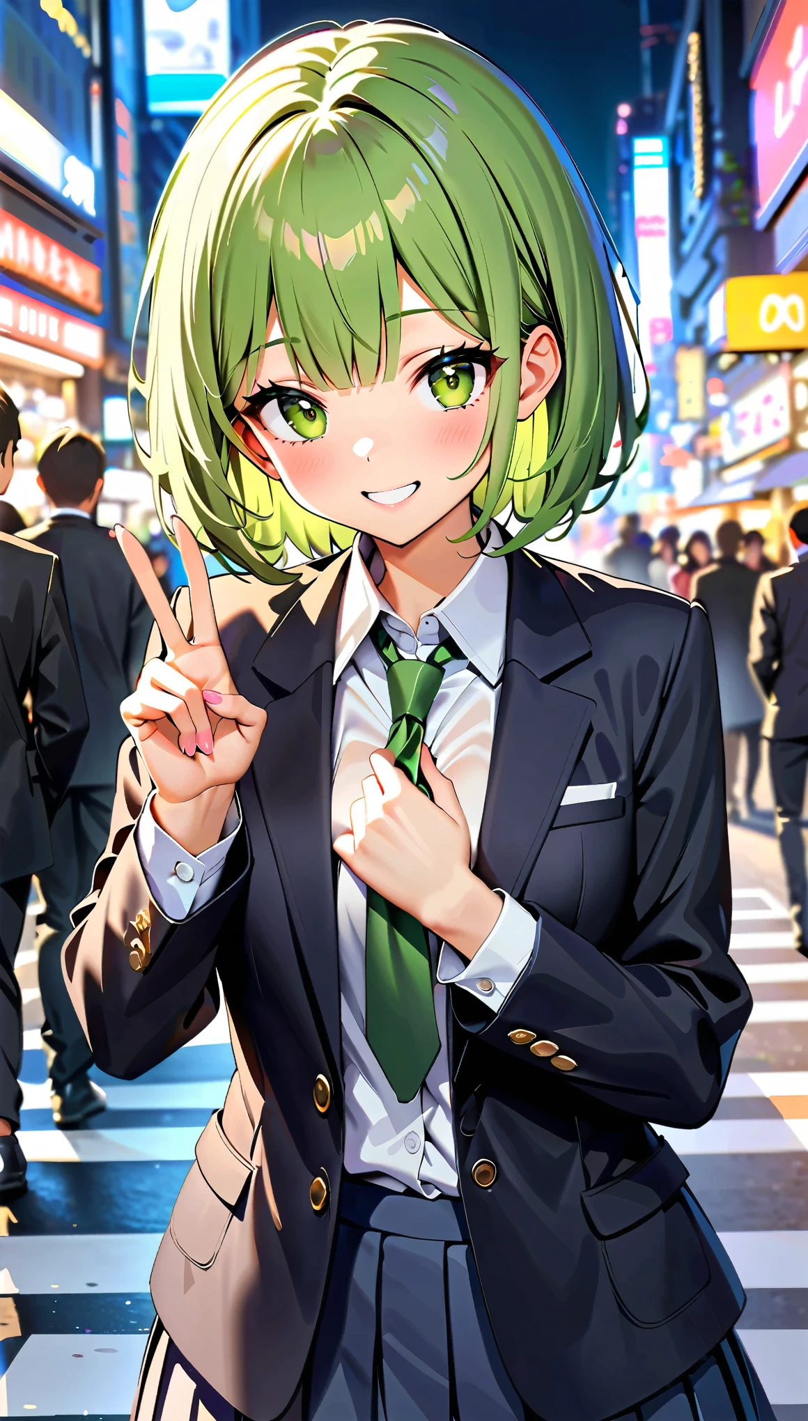 (highest quality:1.2, Very detailed, Ultra-high resolution, masterpiece:1.2, highest quality, Best aesthetics), (((1 girl))), Beautiful woman, , jk, blazer, Collared shirt with green tie, Pleated skirt, Reflection of light, translucent, Fascinating, peace sign, v sign, Double Peace, Watery eyes, Detailed eyes, Delicate, dream-like, Surreal, Shibuya, Scramble crossing, People passing by々, smile, Soft Light, Elegant gestures, Shallow depth of field, Bokeh:1.2.