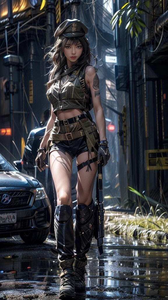 (Photographic:1.3, 16k, highest quality, masterpiece, Ultra-high resolution), Perfect dynamic composition:1.2, Very detailedな肌と顔の質感:1.2, Covered in scars:1.0, (wilderness:1.0, Battlefield Background:1.0, Increase the disruptive element:1.0, rubble:1.0, Innovative Configuration:1.0), Professional camera work, Dynamic pose:0.7, Very detailed, Beautiful Japanese women serving in the US military, Incredibly slim body, Fair skin, Very beautiful face, Stern expression, (Automatic rifle:0.5, Bulletproof vest:0.5, Torn military uniform:1.0, Backpack:0.5, boots), Shapely breasts, Chest gap, Big eyes that exude beautiful eroticism, Lips that exude beautiful eroticism, Cowboy Shot, necklace, Earrings, bracelet, Tattoo, military cap