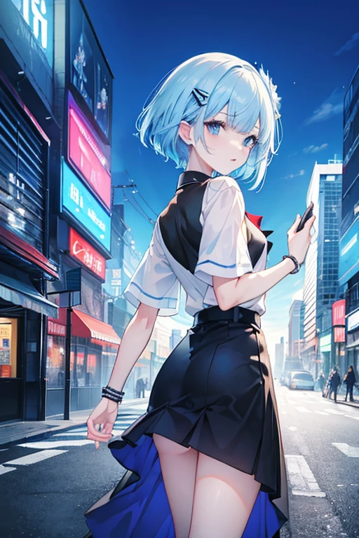 (Best quality, Masterpiece:1.3), vivid Copic marker anime illustration, maintains a 3:1 head-to-body ratio, 1 girl, short hair, ice blue hair, bangs, blue eyes, future uniform, white and blue with black accents, glowing bracelet, glowing hairpin, no belongings, single object, looking back, daylight, walking in downtown district, dynamic street view.