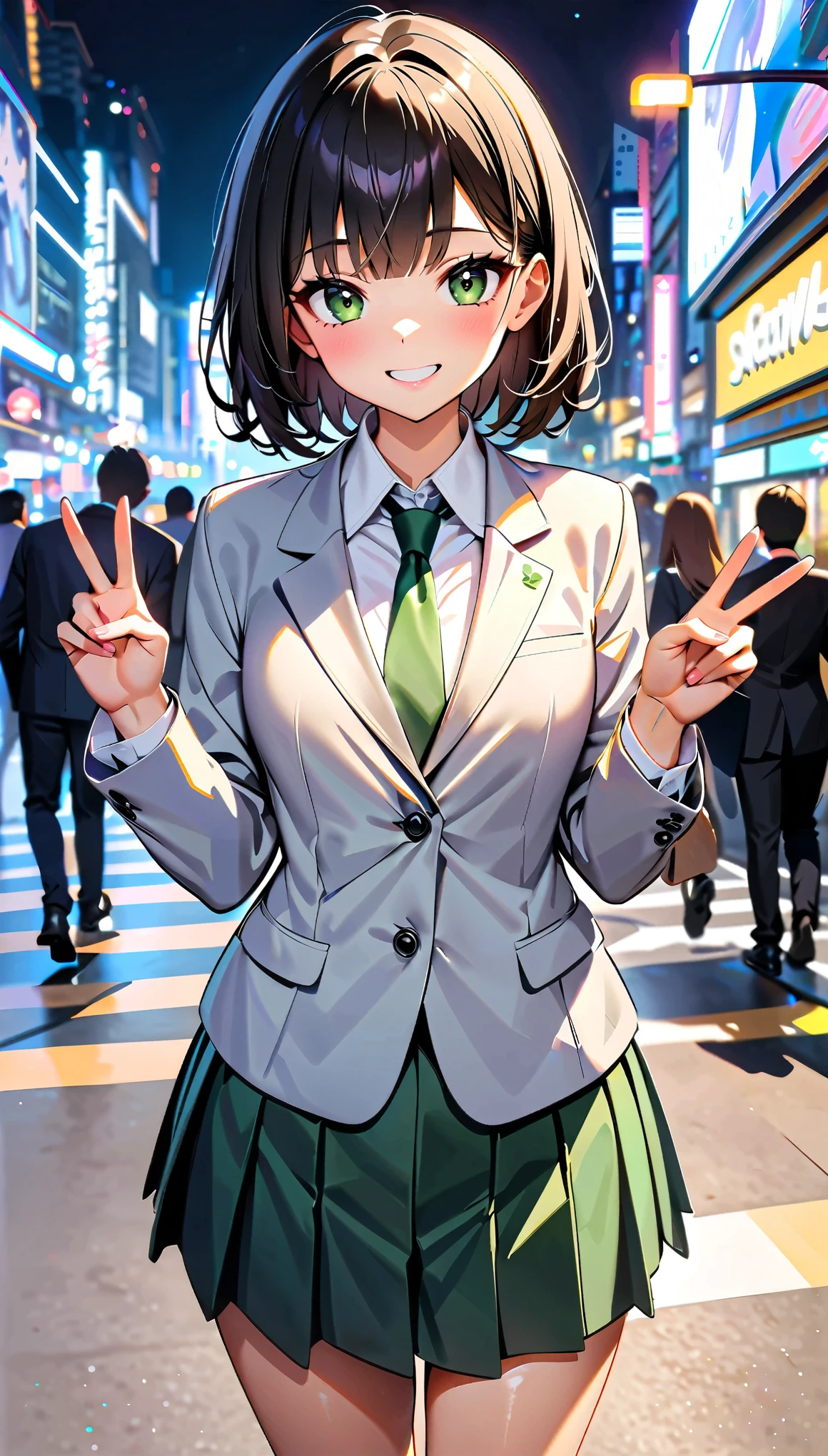 (highest quality:1.2, Very detailed, Ultra-high resolution, masterpiece:1.2, highest quality, Best aesthetics), (((1 girl))), Beautiful woman, , jk, blazer, Collared shirt with green tie, Pleated skirt, Reflection of light, translucent, Fascinating, peace sign, v sign, Double Peace, Watery eyes, Detailed eyes, Delicate, dream-like, Surreal, Shibuya, Scramble crossing, People passing by々, smile, Soft Light, Elegant gestures, Shallow depth of field, Bokeh:1.2.