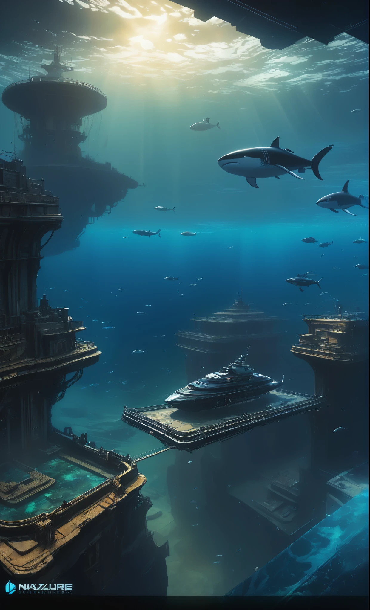 Nazare Subnautica vol.2 - New Nazare, by Luis Duarte, Nanopunk, blue shading, Nazare style, Element Water, Mythpunk, Graphic Interface, Space Art, Sci-Fic Art, Dark Influence, NijiExpress 3D v3, Kinetic Art, Datanoshing, Oilpainting, Ink v3, Splash style, Abstract Art, Abstract Tech, Cyber Tech Elements, Futuristic, Epic style, Illustrated v3, Deco Influence, AirBrush style, drawing