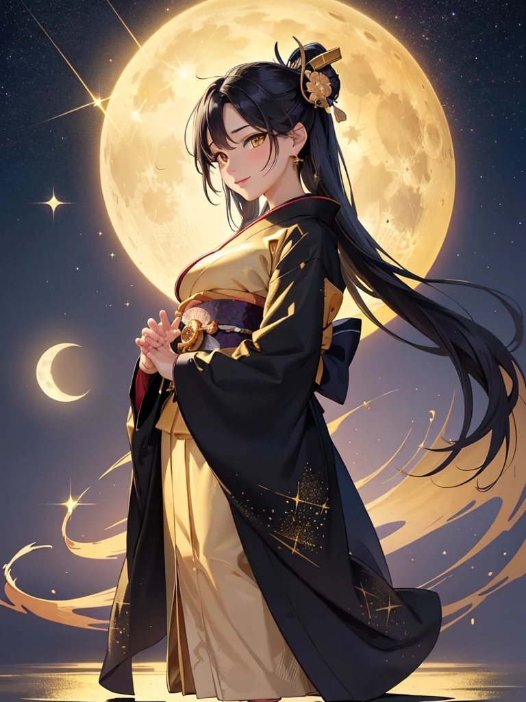 masterpiece、highest quality、High resolution、high quality images、8K, 1 female、skin luster、skin texture、Expression of fine eyes、Girl with long braided hair, realism, Detailed manga style, manga art style, perfect line drawing, beautiful line drawing, digital manga art girl,
(beautiful golden eyes:1.5), Clear, beautiful eyes、plump lips, Detailed gorgeous face, (cute smile), charm, Front view, (perfectly detailed face), (fine hands) 、(Five fingers:1.3)、photorealistic images, Depth of written boundary, face forward , night sky , night view ,beautiful starry sky , romanticism、(Taisho Era、japanese black and golden kimono:1.5)、(large breasts:1.2)、smile、blush、Black Hair、Gorgeous blue sparkling earrings、Gorgeous gold bracelet、Gorgeous gold anklets、(oblong face:1.5)、(Sparkling Glitter:1.2)、Cover your forehead with bangs、Bangs between the eyes、(full body:1.0)、(standing:1.3)、(portrait:1.6)
Graceful、Kyoto street,heartful、Moon Night,The beautiful old town of Kyoto