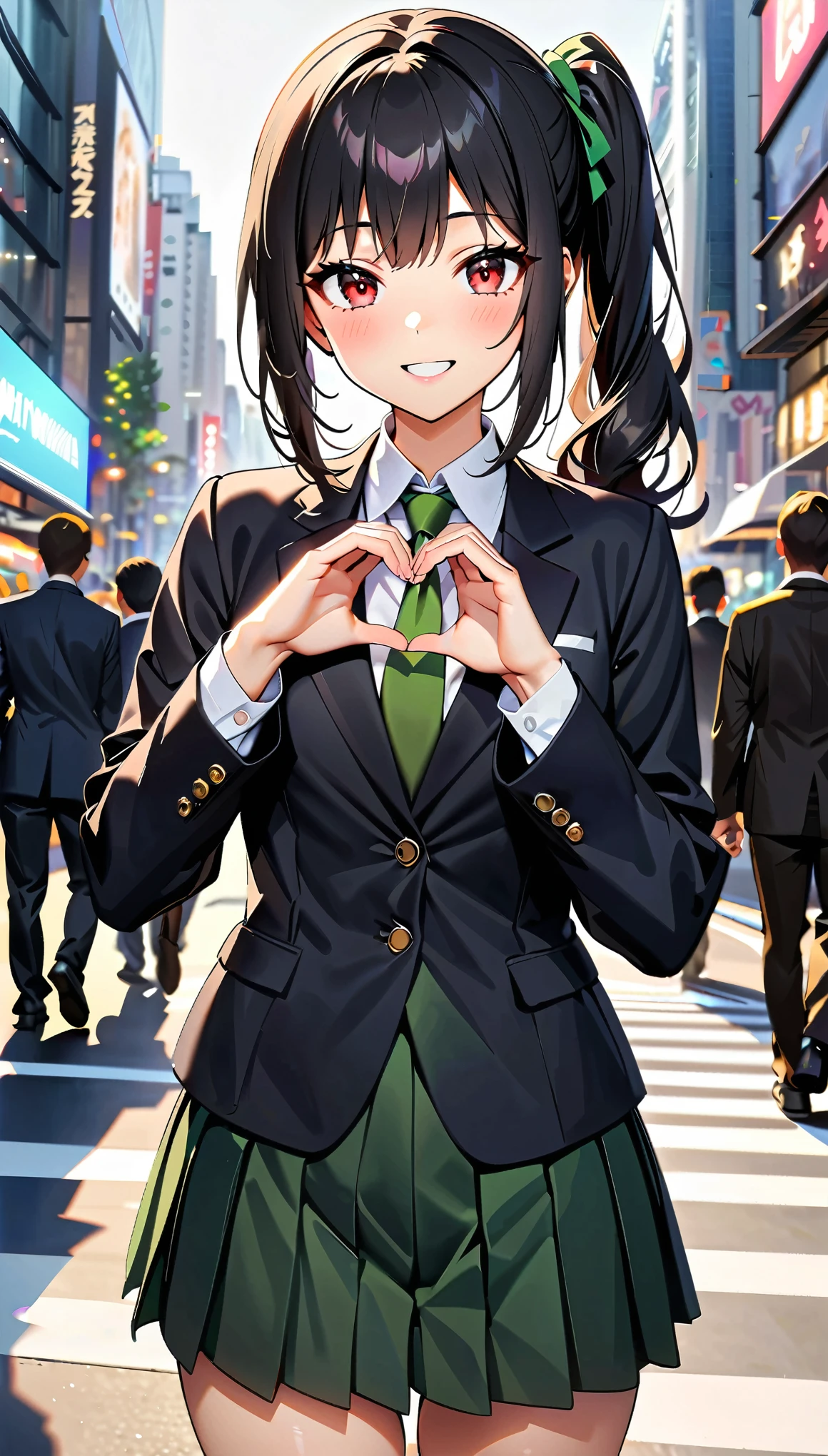 (highest quality:1.2, Very detailed, Ultra-high resolution, masterpiece:1.2, highest quality, Best aesthetics), (((1 girl))), Beautiful woman, , jk, blazer, Collared shirt with green tie, Pleated skirt, (Black Hair, Side Ponytail, Red Eyes), Reflection of light, translucent, Fascinating, Heart Pose with Hands, Watery eyes, Detailed eyes, Delicate, dream-like, Surreal, Shibuya, Scramble crossing, People passing by々, smile, Soft Light, Elegant gestures, Shallow depth of field, Bokeh:1.2.