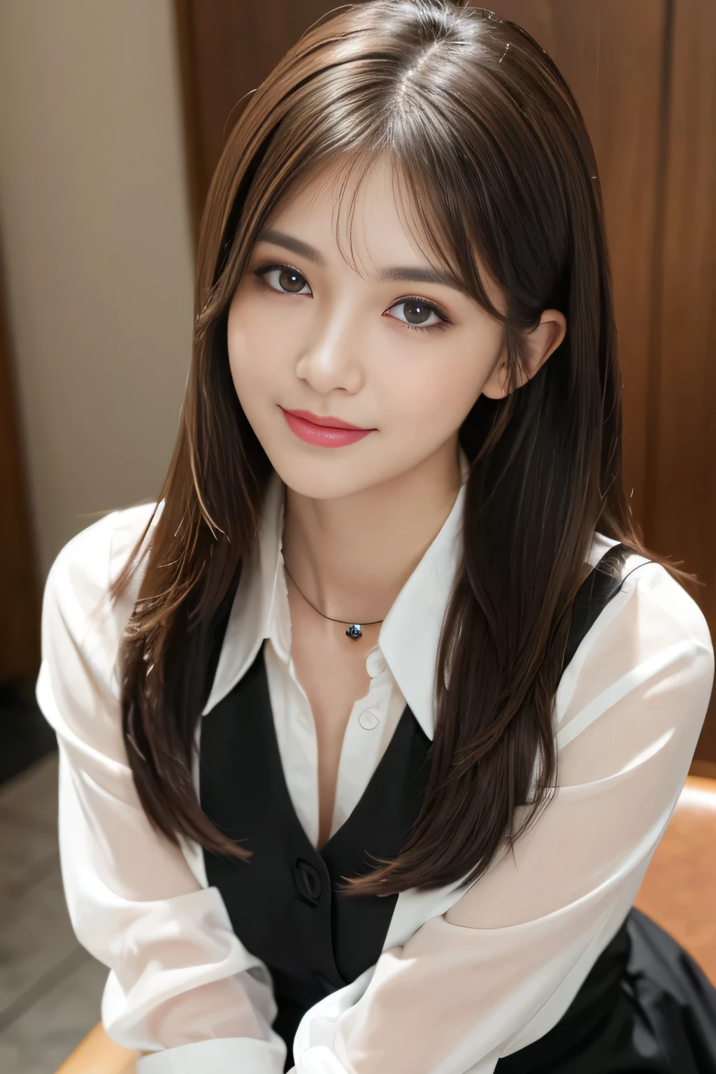 (RAW Photos), (Realistic), (masterpiece), (highest quality), High resolution, 8k, (Intricate details), (Volumetric Light), Portraiture, woman, Age 35, Medium Hair, Straight hair, Medium Chest, Layered Hair, Brown Hair, Very beautiful eyes, Source order, Very thin eyebrows, Very fine skin, Very beautiful mouth, Very nice nose, Cute like an idol, smile, (Thick lips), (Looking at the audience), (A see-through black dress shirt with a collar), Above the knee shot