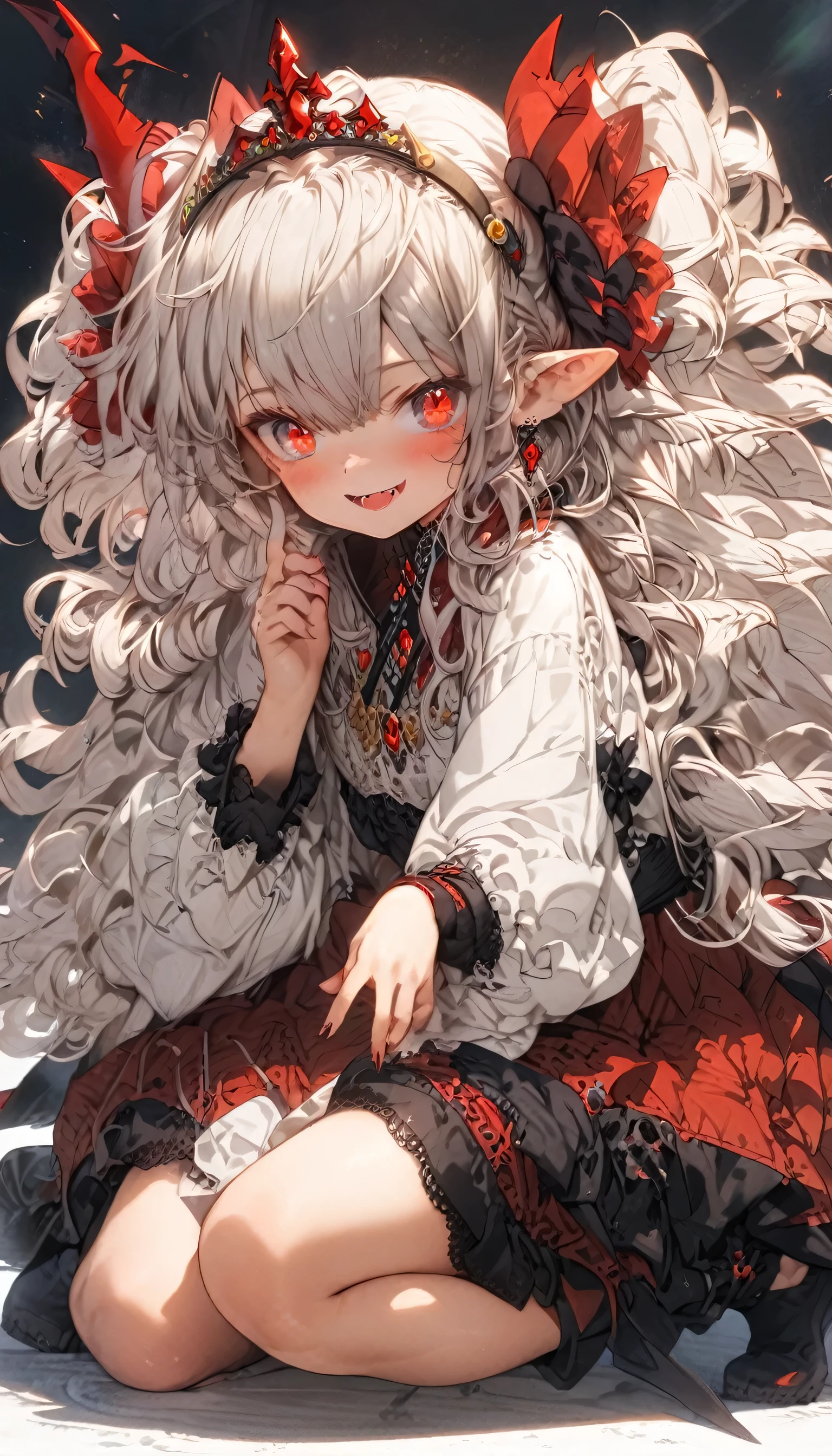 masterpiece, best quality, extremely detailed, high resolution, Japanese anime,1girl, Silver hair, (medium length hair:1.4), side braid hair, curly hair, wavy hair, drill hair, curl outward hair,dragon horn, mechanical wing, (vampire:1.2), (red eyes:1.5), (beautiful detailed eyes:1.4), laugh, 130cm tall, original character, fantasy, (black background:1.2), (full body:1.8), beautiful fingers, standing, (black red lace frill dress:1.5), (bejeweled tiara:1.5) ,