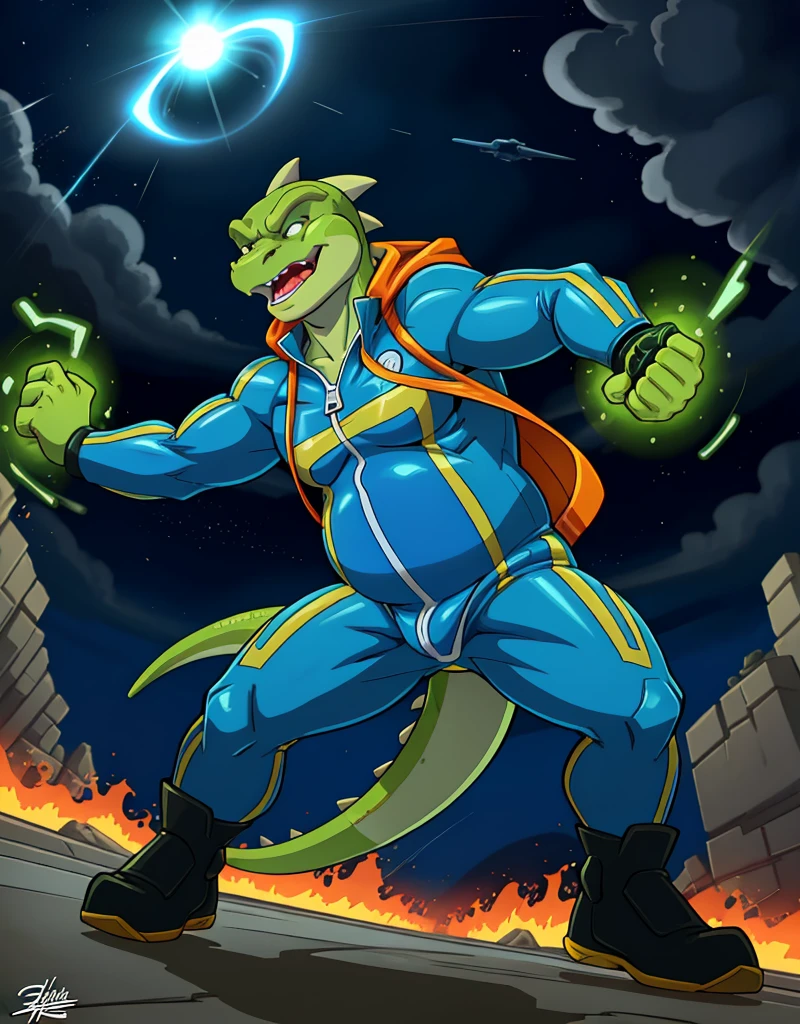 A male anthropomorphic or chubby lizard, wearing a zip up scfi superhero suit, useing his powers to make a energy projectiles to fight dangerous aliens,full body, action  scene, combat, high action, intense  scene,