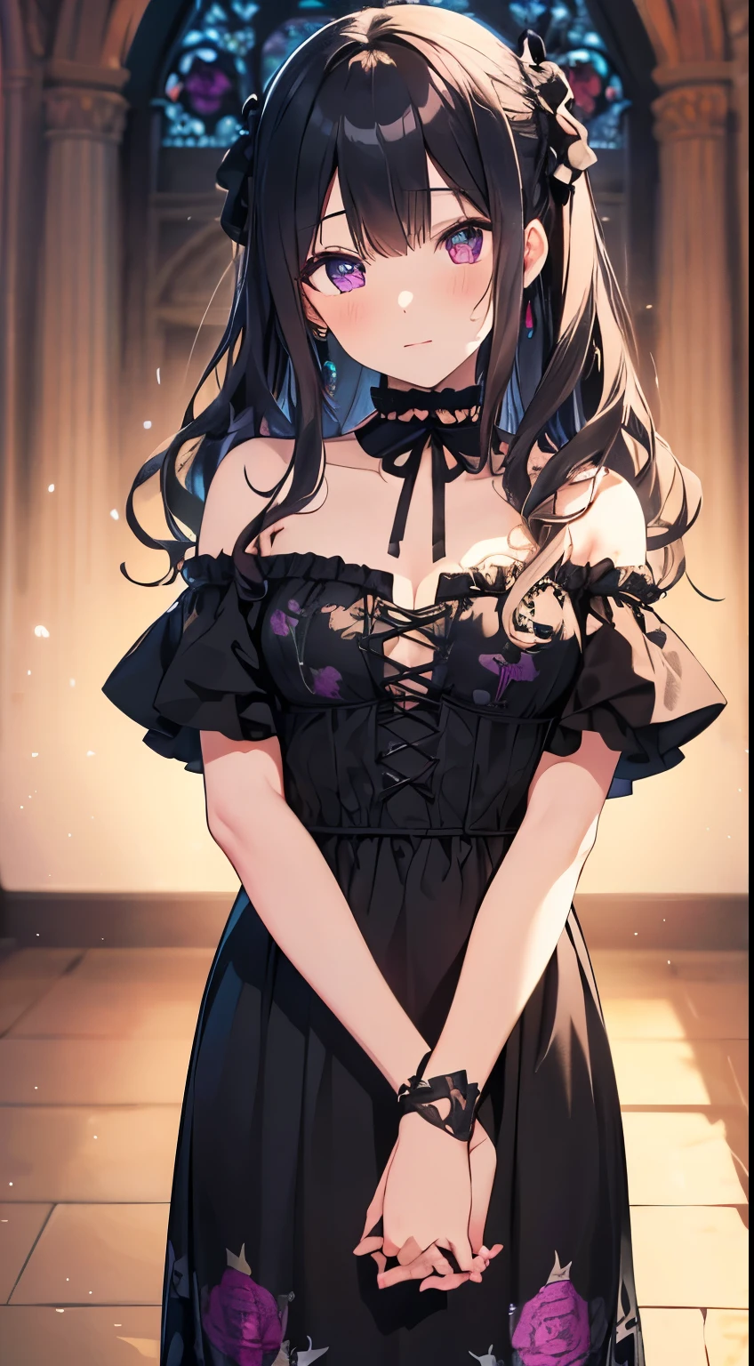 (masterpiece), (highest quality), (Super detailed), beautiful, (Cathedral), (girl１name),, girl, Long Hair, (Wavy Hair:1.5), Shiny Hair, Black Hair, , 深紅のbeautiful瞳，Girl in a black dress,ribbon,Race,(Gothic print:1.5),Iridescent stained glass，Place your hands in front of your face，Prayer Pose，Hysterical facial expression，Scrunchies on the wrist