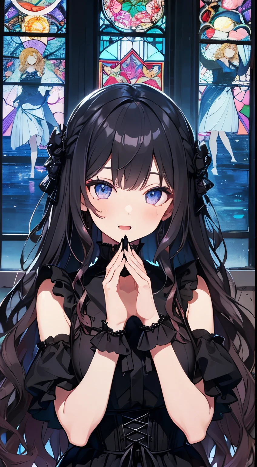 (masterpiece), (highest quality), (Super detailed), beautiful, (Cathedral), (girl1name),, girl, Long Hair, (Wavy Hair:1.5), Shiny Hair, Black Hair, , 深紅のbeautiful瞳,Girl in a black dress,ribbon,Race,(Gothic print:1.5),Iridescent stained glass,Place your hands in front of your face,Prayer Pose,Hysterical facial expression,Scrunchies on the wrist