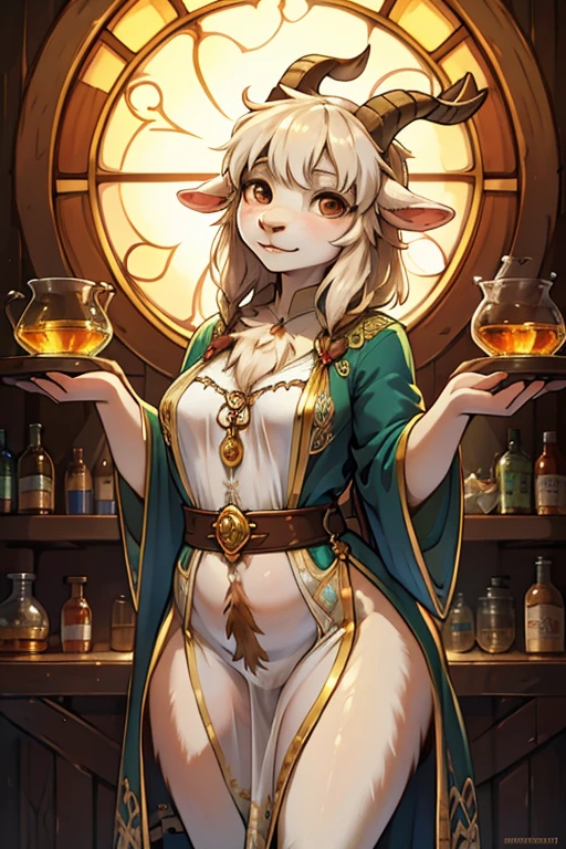 (Mucha style:1.1) , hairy goat Short stature girl , (realistic hairy fur:1.2) , round face , (tilt face:1.2) ,  round eyes , Swollen cheeks , glossy lips , in the fantasy , Alchemist , transparent robe