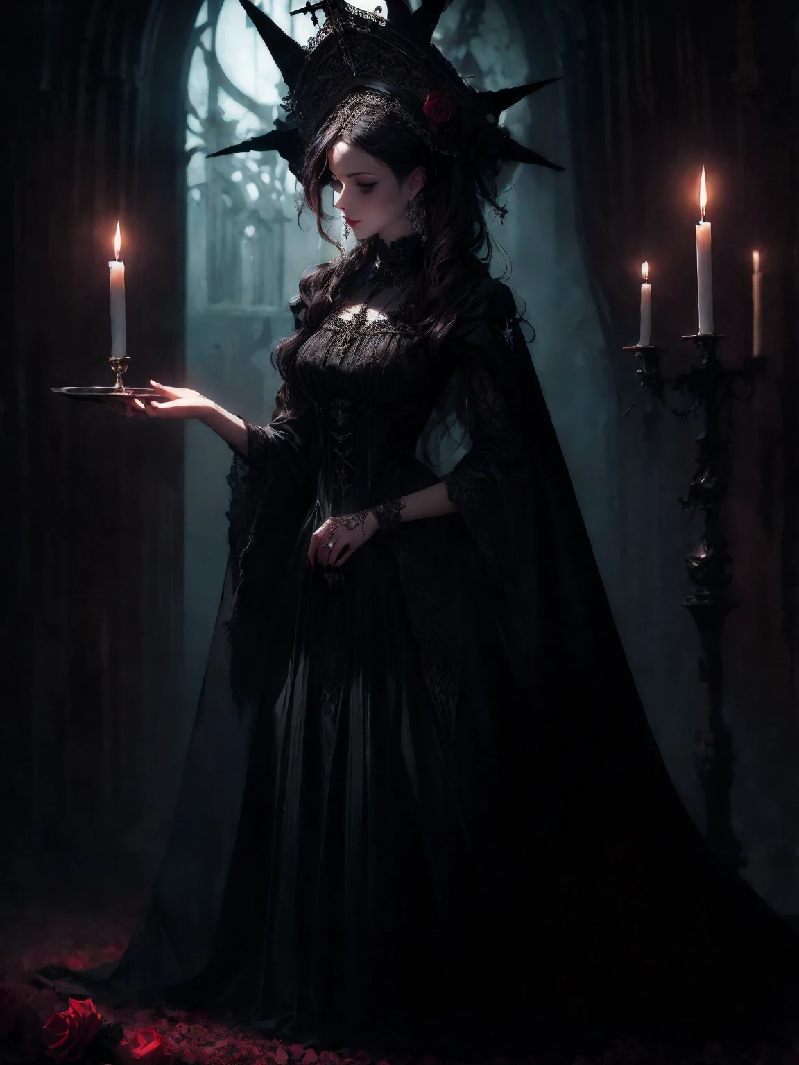 HighestQuali,tmasterpiece:1.2,Detailed details,1 Gothic girl,Black victorian dress,Gorgeous headdress,Bust,Rose flower,crosses,silver ornaments 、redheadwear、blond hair with victorian updo hairstyle 、paleskin、Black lipstick and eye shadow,Accessories include the Cross Medal,Pentagram,crosses,cloaks,shawl,Sexy,chies,a lit candle, full body image