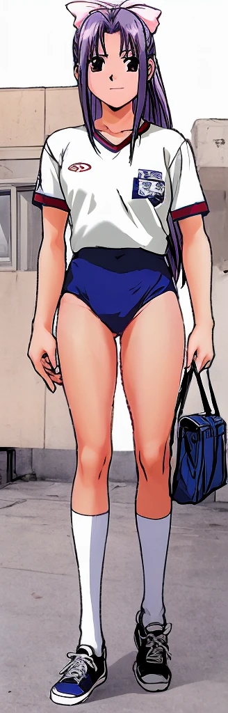 Momoko Koigakubo, a tall girl with beautiful legs, is standing with her legs apart and a smile on her face in a white gym uniform and light-colored navy blue bloomers that look like panties.。