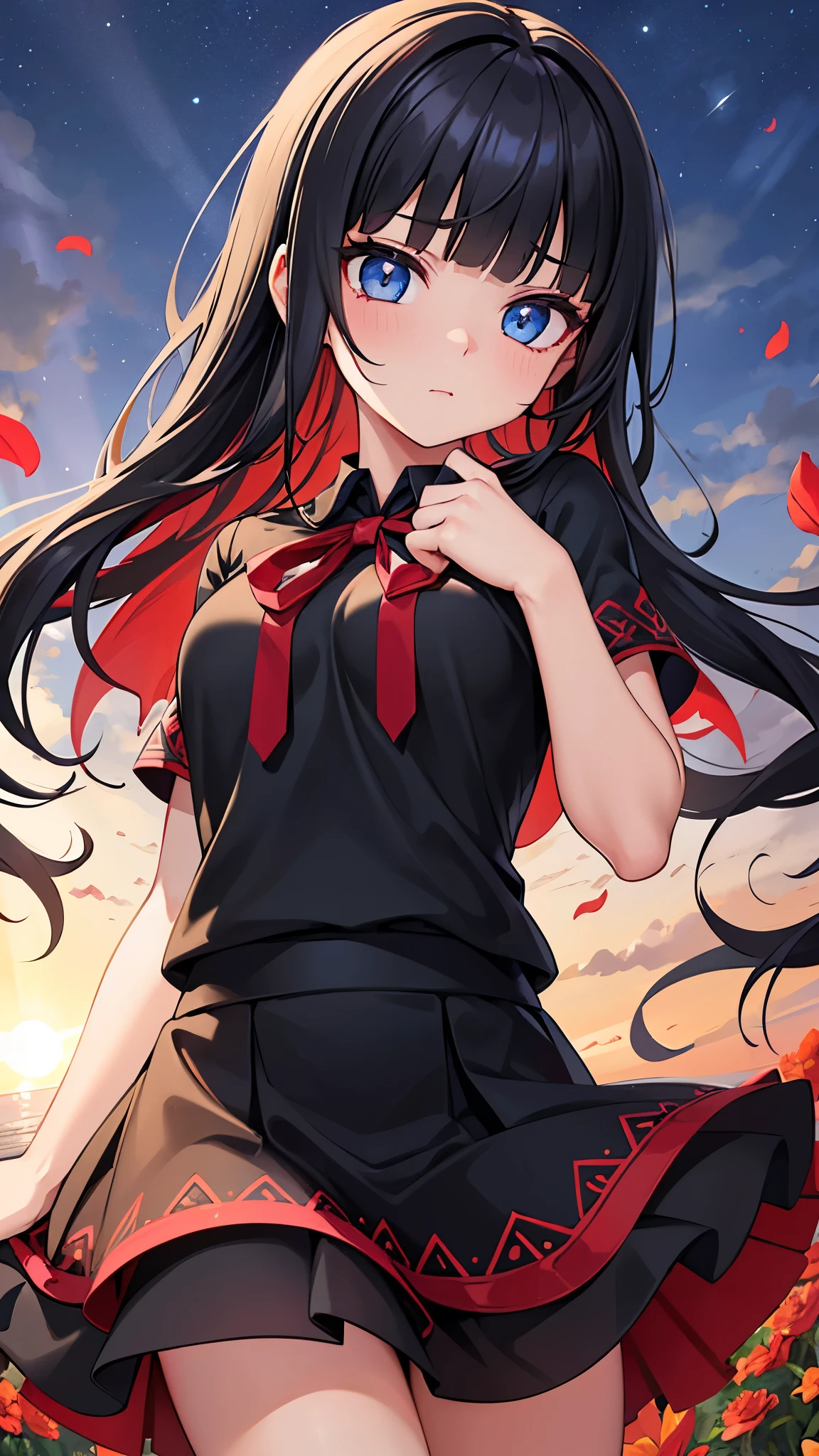 Realistically,One girl,Black Hair,blue eyes,Glowing Eyes,Cut the top,skirt,Part your lipake your face bright red,night,Fresh flowers,sun,rays of sunhine,nose chakra