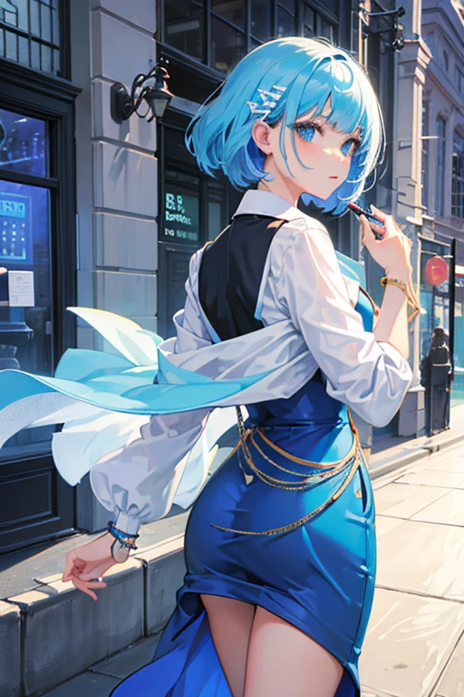 (Best quality, Masterpiece:1.3), vivid Copic marker anime illustration, maintains a 3:1 head-to-body ratio, 1 girl, short hair, ice blue hair, bangs, blue eyes, future uniform, white and blue with black accents, glowing bracelet, glowing hairpin, no belongings, single object, looking back, daylight, walking in downtown district, dynamic street view.