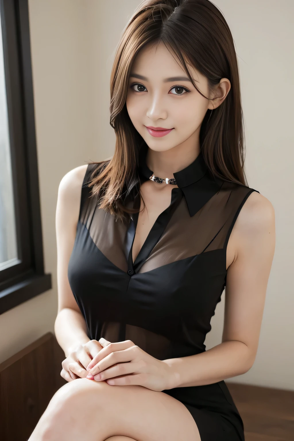 (RAW Photos), (Realistic), (masterpiece), (highest quality), High resolution, 8k, (Intricate details), (Volumetric Light), Portraiture, woman, Age 35, Medium Hair, Straight hair, Medium Chest, Layered Hair, Brown Hair, Very beautiful eyes, Source order, Very thin eyebrows, Very fine skin, Very beautiful mouth, Very nice nose, Cute like an idol, smile, (Thick lips), (Looking at the audience), (A see-through black dress shirt with a collar), Above the knee shot