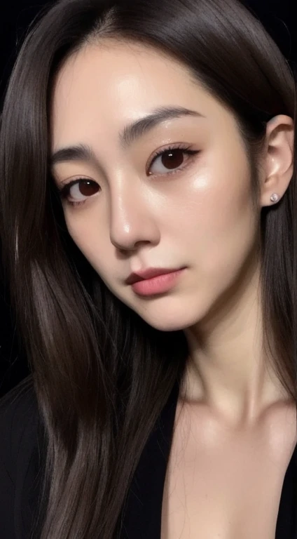 Realistic Japanese middle-aged woman around 55 years old、Loose skin超高解像度, masterpiece, highest quality, Perfect glowing skin, Perfect lighting, Detailed lighting, Muscular Japanese middle-aged woman, 55 years old、Light brown blouse, Looking at the camera, Brown wavy hair with highlights, Large exposed cleavage, Black double eyelids, Browsing Caution, ((Dark Background)), Sexy Face, Facial expressions when feeling happy,whole body、Loose skin