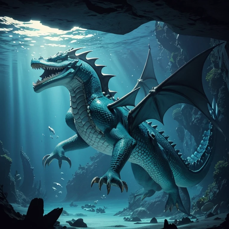 Underwater, deep sea, ocean depths, looking up, aquatic dragon swimming above, looking at dragon from below, huge dragon, legs tucked by sides, tucked wings, body like an alligator, thick powerful tail, swimming with tail, breathtaking, gorgeous