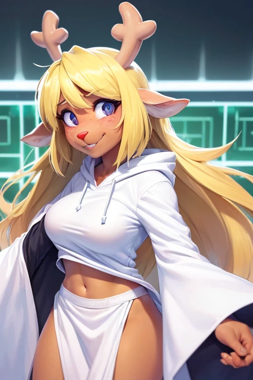 (noelle, furry female anthro, blonde hair, deer girl, red deer nose, white eyes, white pupils, white robe, hooded robe, big breasts, midriff), sad, outstretched arms, green neon city, smiling