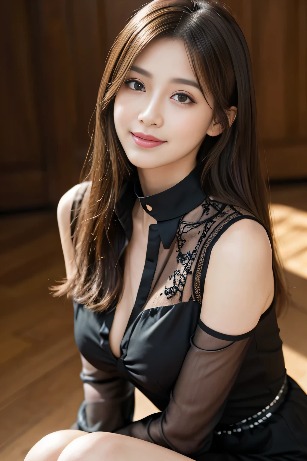 (RAW Photos), (Realistic), (masterpiece), (highest quality), High resolution, 8k, (Intricate details), (Volumetric Light), Portraiture, woman, Age 35, Medium Hair, Straight hair, Medium Chest, Layered Hair, Brown Hair, Very beautiful eyes, Source order, Very thin eyebrows, Very fine skin, Very beautiful mouth, Very nice nose, Cute like an idol, smile, (Thick lips), (Looking at the audience), (A see-through black dress shirt with a collar), Above the knee shot