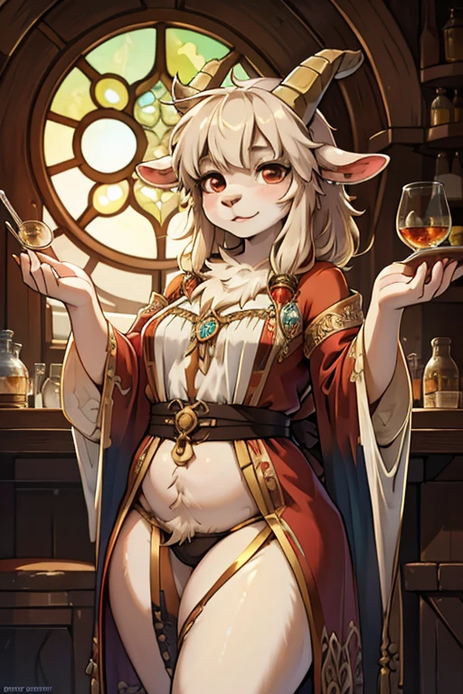 (Mucha style:1.1) , hairy goat Short stature girl , (realistic hairy fur:1.2) , round face , (tilt face:1.2) ,  round eyes , Swollen cheeks , glossy lips , in the fantasy , Alchemist , transparent stick robe