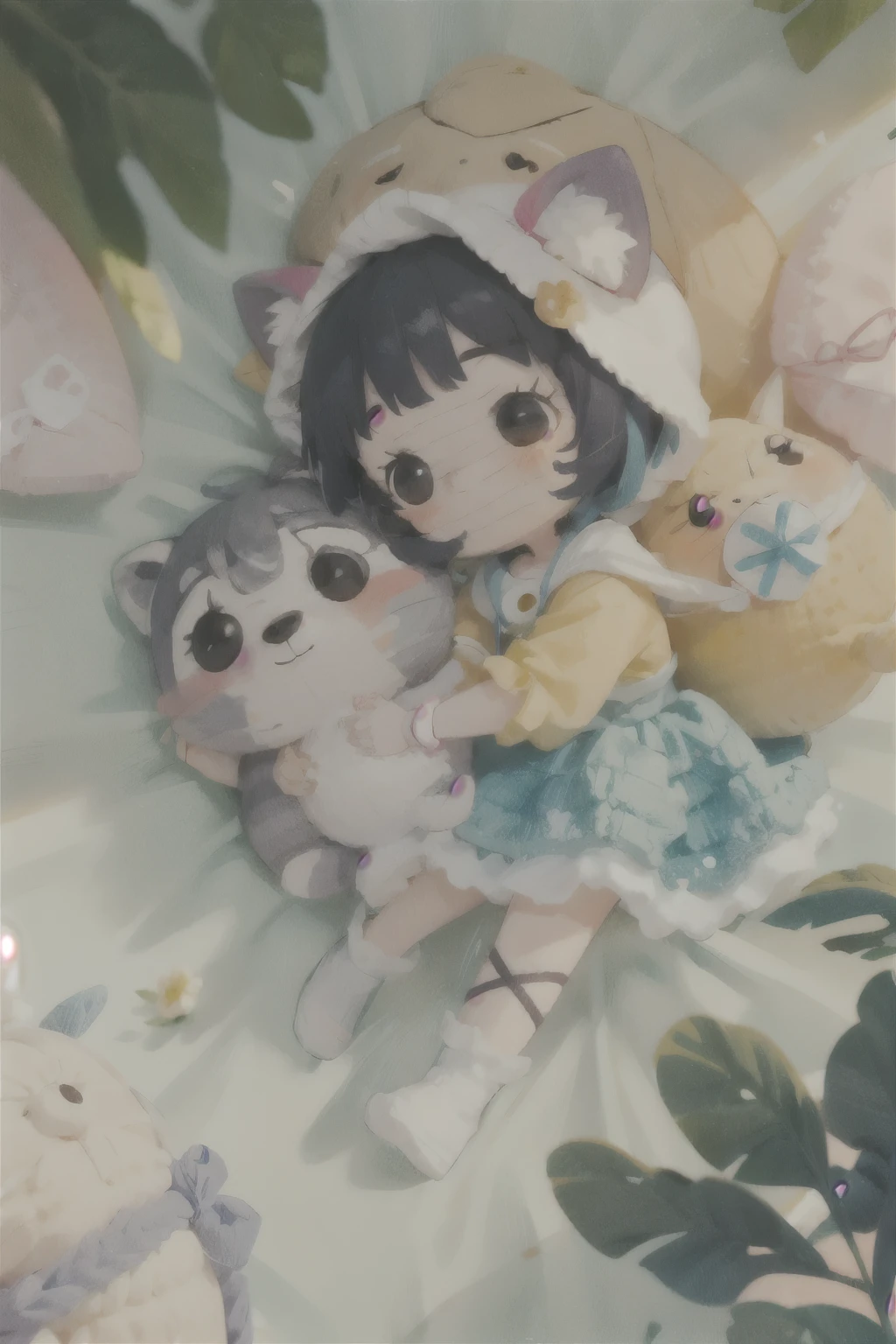 A dreamlike collaboration between a cute raccoon and a 、Girls in vibrant colors