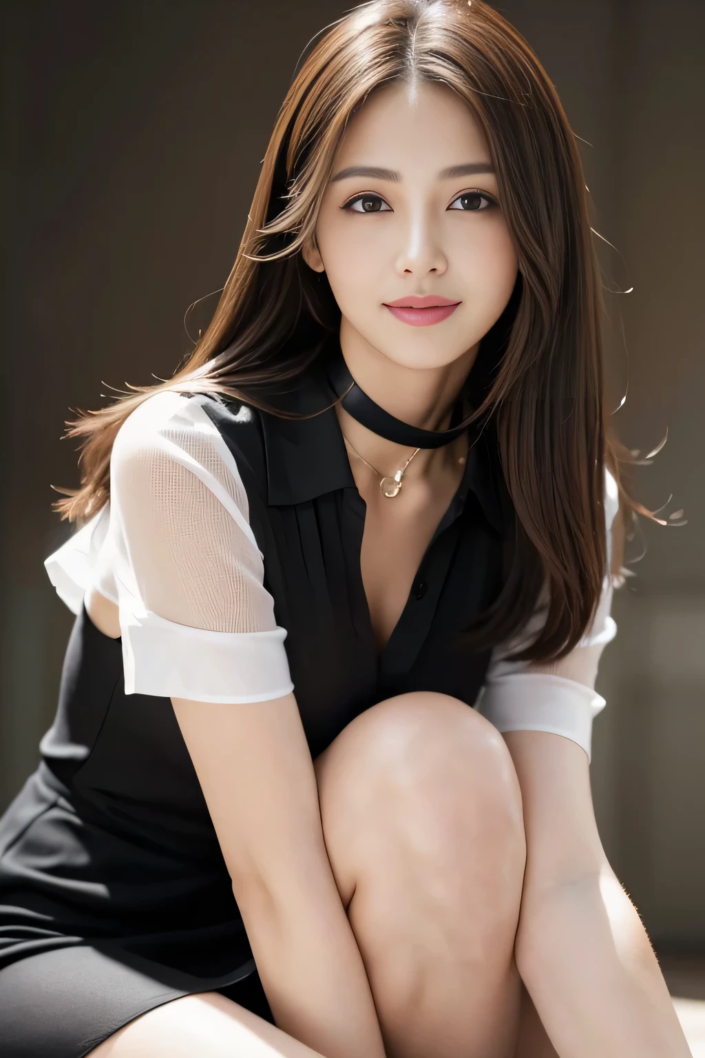 (RAW Photos), (Realistic), (masterpiece), (highest quality), High resolution, 8k, (Intricate details), (Volumetric Light), Portraiture, woman, Age 35, Medium Hair, Straight hair, Medium Chest, Layered Hair, Brown Hair, Very beautiful eyes, Source order, Very thin eyebrows, Very fine skin, Very beautiful mouth, Very nice nose, Cute like an idol, smile, (Thick lips), (Looking at the audience), (A see-through black dress shirt with a collar), Above the knee shot