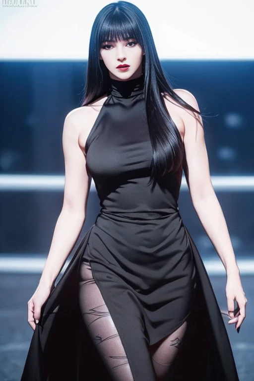 hyper realistic, 16k, best quality, masterpiece, (photorealistic:1.4), 1girl (alone), solo. Pretty young. Gothic aesthetic, goth makeup, black silky hair (realistic texture), turquoise-blue eyes, pele-white skin, illuminated skin, realistic shading, (modern) black gothic dress (realistic textures), big hips, tights. waist up, dramatic lighting, from below, front, front view, multiple different poses at different angles, glowing skin, front, back lighting, athletic figure, muscular female, curvy, wide hips, colorful, looking at viewer, Hyperrealistic, gradient background, dark background, outline, cinematic lighting, (chromatic aberration, intricate details)