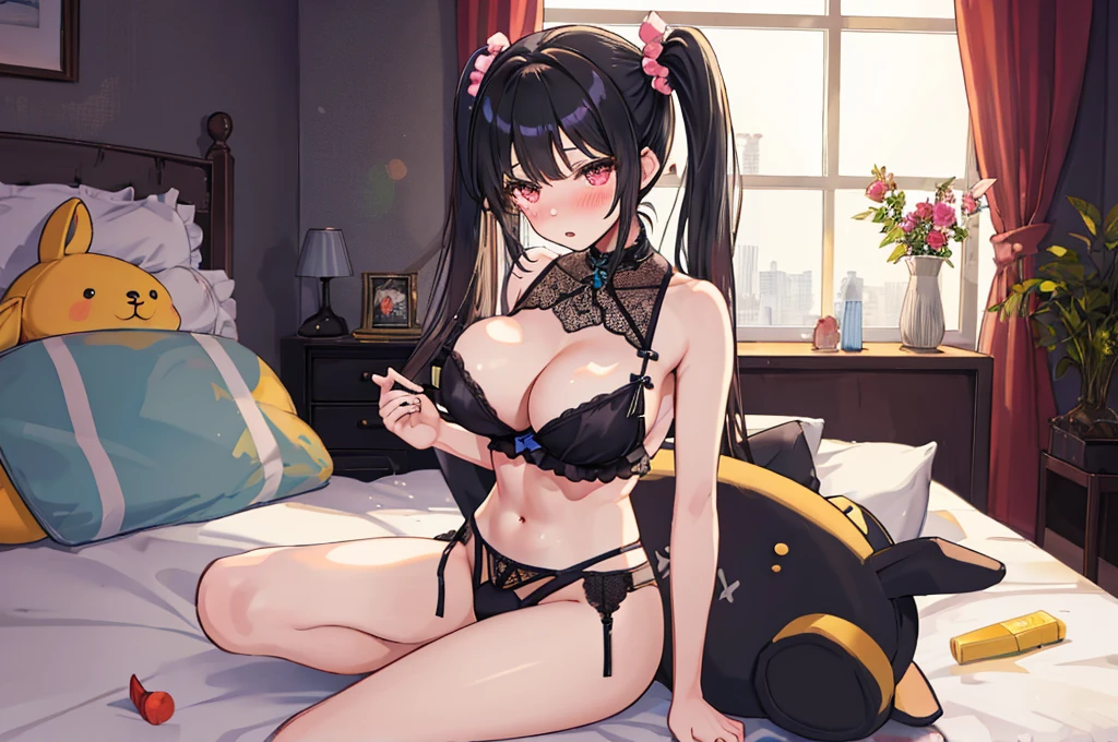 A girl，captivity，Sitting on the bed with lots of stuffed toys，twintails，Long hair，Black Hair，((transparent))，Towering breasts，Sexy Lingerie，Slim waist，Showing belly，Smooth legs，blush，