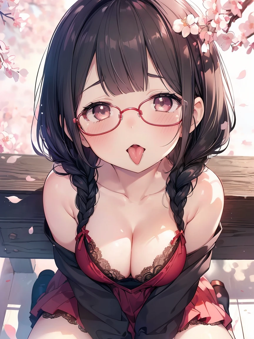 Very detailed, highest quality, High resolution, Moe Anime, ((A cute elementary school girl with black hair and droopy eyes)), ((Wearing large round glasses:1.4)), (Baby Face), Cute eyes, Detailed eye depiction, Sparkle in the eyes, View your viewers, Pale skin, (Big eyes:1.4, Droopy eyes:1.4, Fatty face:1.4), smile, Focus on the face, In the park with cherry blossoms falling, Sitting, (Extreme close up of tongue), (((From above))), Open your mouth, (((Face only:1.3))), ((Red lace lingerie)), Bright Eyes, (Put your hands between your legs:1.4), large and long tongue, Cleavage, Braided hairstyle, Pink ribbon