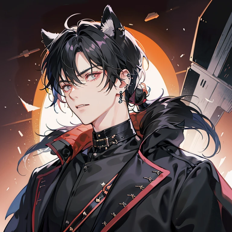 A demi-dog looking up at the camera with a muzzle around his mouth to keep it shut. He has black hair with pink ends. His outfit is mainly leather and revealing with chained accessories and silver piercings. His black ears are flat against his head and his tail is noticeable in the background. He looks up at the camera with a angry glare and his eyes are orange. He wears a black collar with a silver tag on it. He's very dominant and has a menacing presence. He's very large and toned. In an anime style.