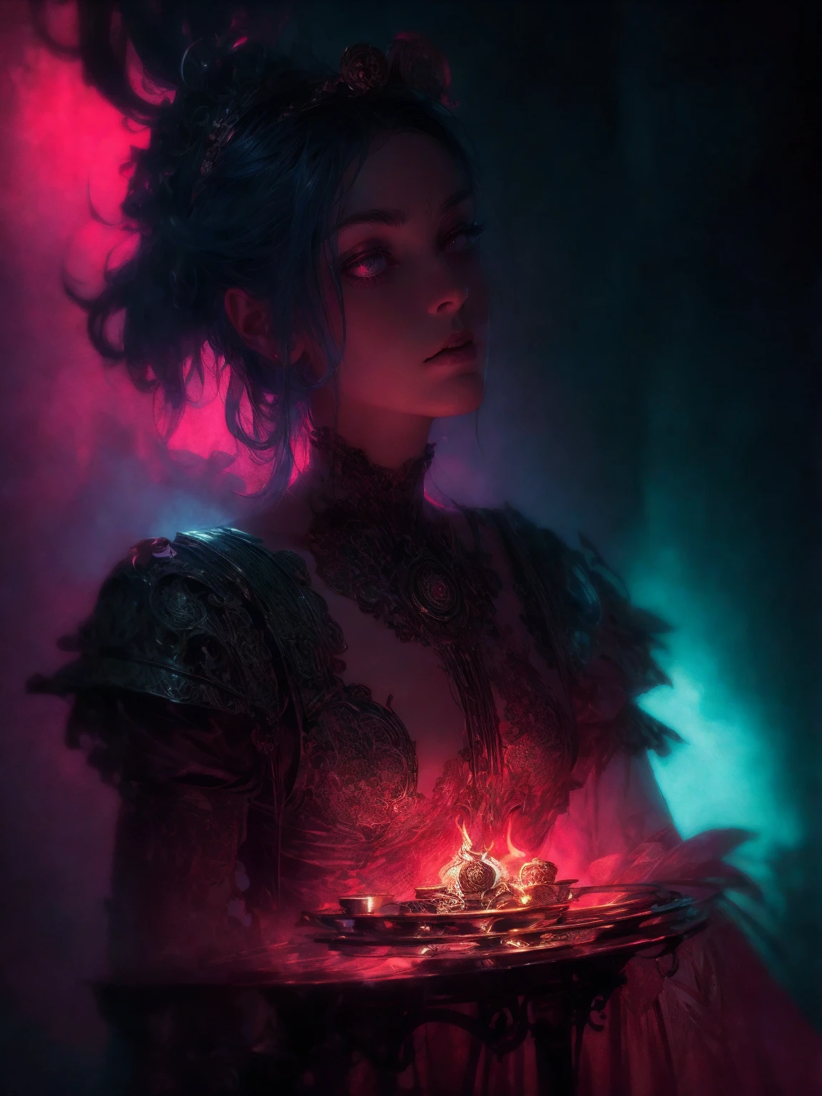 HighestQuali，tmasterpiece：1.2，Detailed details，4k realistic Roman mythology, Kizi, Halloween dress up，Steampunk Gothic Victorian style, deep colour, psychology, surrealism, Sublimation, subconscious, Emotions, enthusiasm, In pink、White and red details, rose flower background，Green smoke from hair, Blue smoke background, Soft red and blue light,