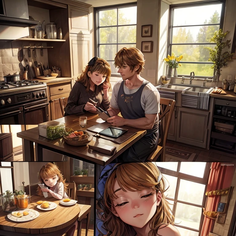 Title: Paths of Sacrifice, Power of Love

Panel 1:
- Setting: A cozy kitchen, with family photos adorning the walls. A mother and father sit at the table, sipping coffee, a laptop open in front of them.
