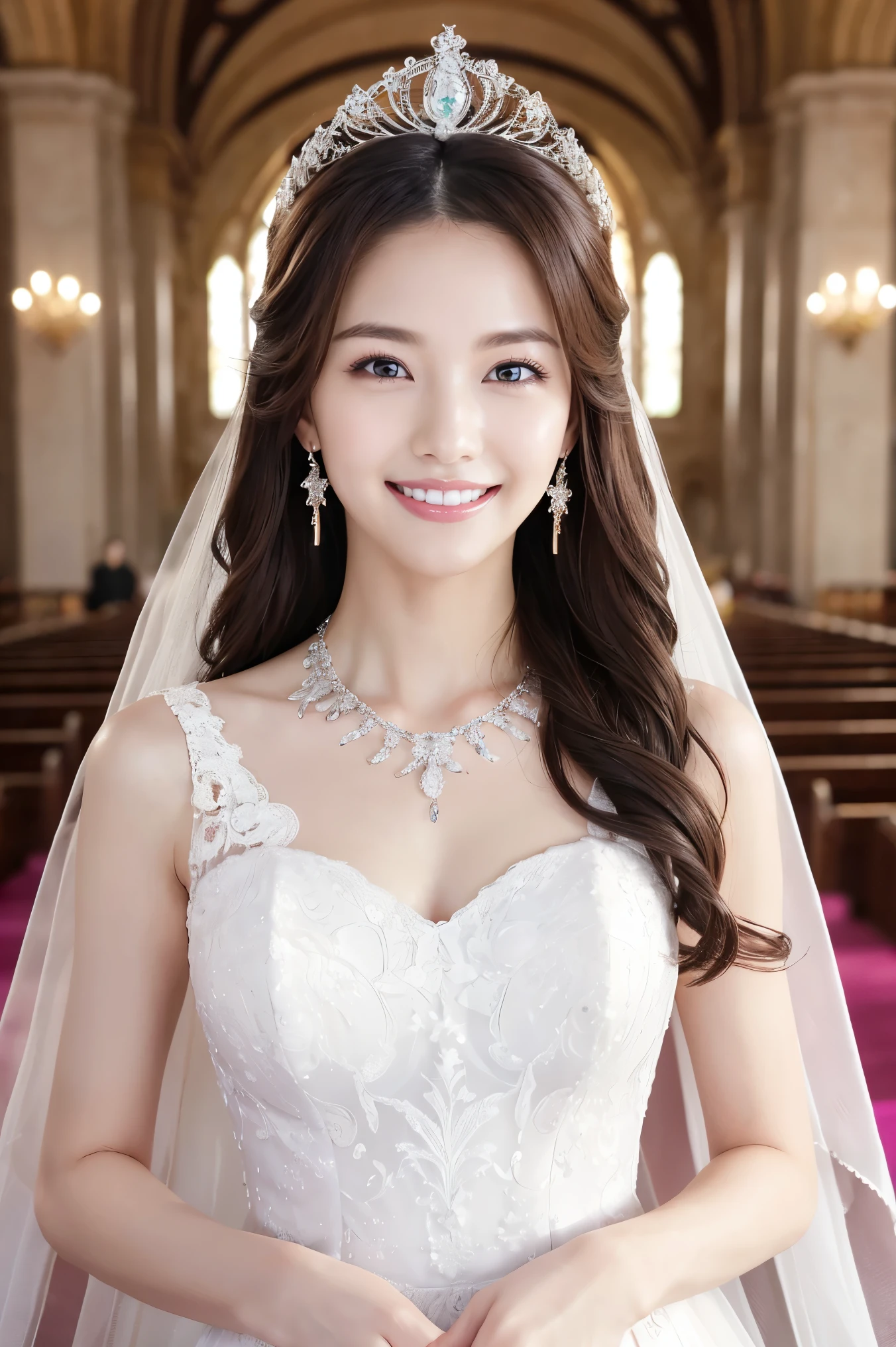 (highest quality、Tabletop、8k、Best image quality、Award-winning works)、One beautiful bride、(alone:1.1)、(The most extravagant and luxurious huge wedding dresses:1.1)、(Perfect Wedding Lace:1.2)、(The most luxurious and luxurious giant tiara:1.1)、(The most luxurious and luxurious giant necklace:1.1)、Look at me with your best smile、A large amount of the finest jewelry、Upper body photo、Perfect Makeup、Long eyelashes、Ultra-high definition sparkling eyes、Ultra HD Hair、Ultra High Resolution Glossy Lips、Ultra High Resolution Perfect Teeth、Super high resolution beautiful face、(Accurate anatomy:1.1)、(Very bright and beautiful skin:1.2)、(very bright and vivid:1.2)、Short bridal hairstyle、A gorgeous and elegant church、Gorgeous beautiful church
