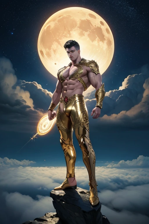full body photorealistic very handsome God of Sun ,super ripped abs buff body, standing gold latex shiny suits with thick filigree circle designs, with a super bulge, concentrated and dramatic face, dream vision, extremely realistic, perfect face, perfect eyes, masterpiece, artwork of intricate art, arts station. 4K HD, dark night light, dynamic, dynamic pose, action, motion blur, wide angle, cinematic lighting, post processing, dramatic compositing, dramatic view, dramatic angle view,, Majestic Moon as the backgroud with cloud and rays