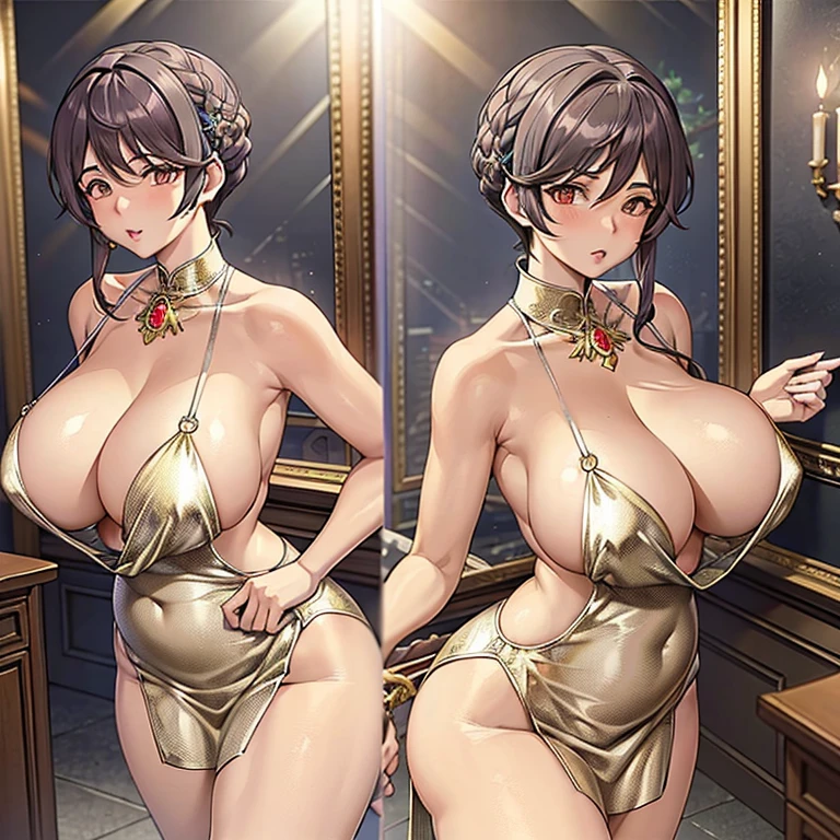 Masterpiece of an adult milf woman in a maid costume, ((best quality)), (ultra-detailed), ((anime style: 1.2 - China)), reveals her voluptuous, curvy figure with large exposed breasts, exuding fierce and seductive confidence. Her long, wavy hair cascades down her shoulders, adding to her super sexy and alluring presence in this fantasy world. Her maid outfit, adorned with intricate details, shimmers with an ultra shiny body, gleaming under the spotlight. ((Detailed character design with captivating expressions and enchanting aura)).