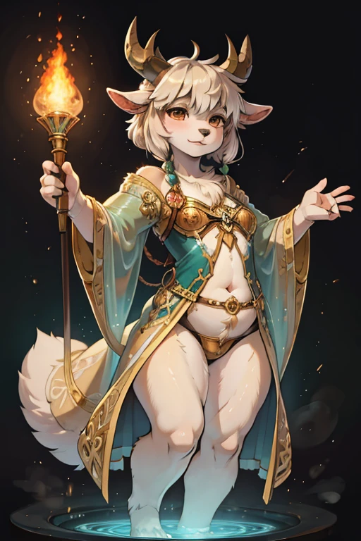 (Mucha style:1.1) , hairy goat Short stature girl , (realistic hairy fur:1.2) , round face , (tilt face:1.2) ,  round eyes , Swollen cheeks , glossy lips , in the fantasy , Alchemist , transparent stick robe , dynamic pose