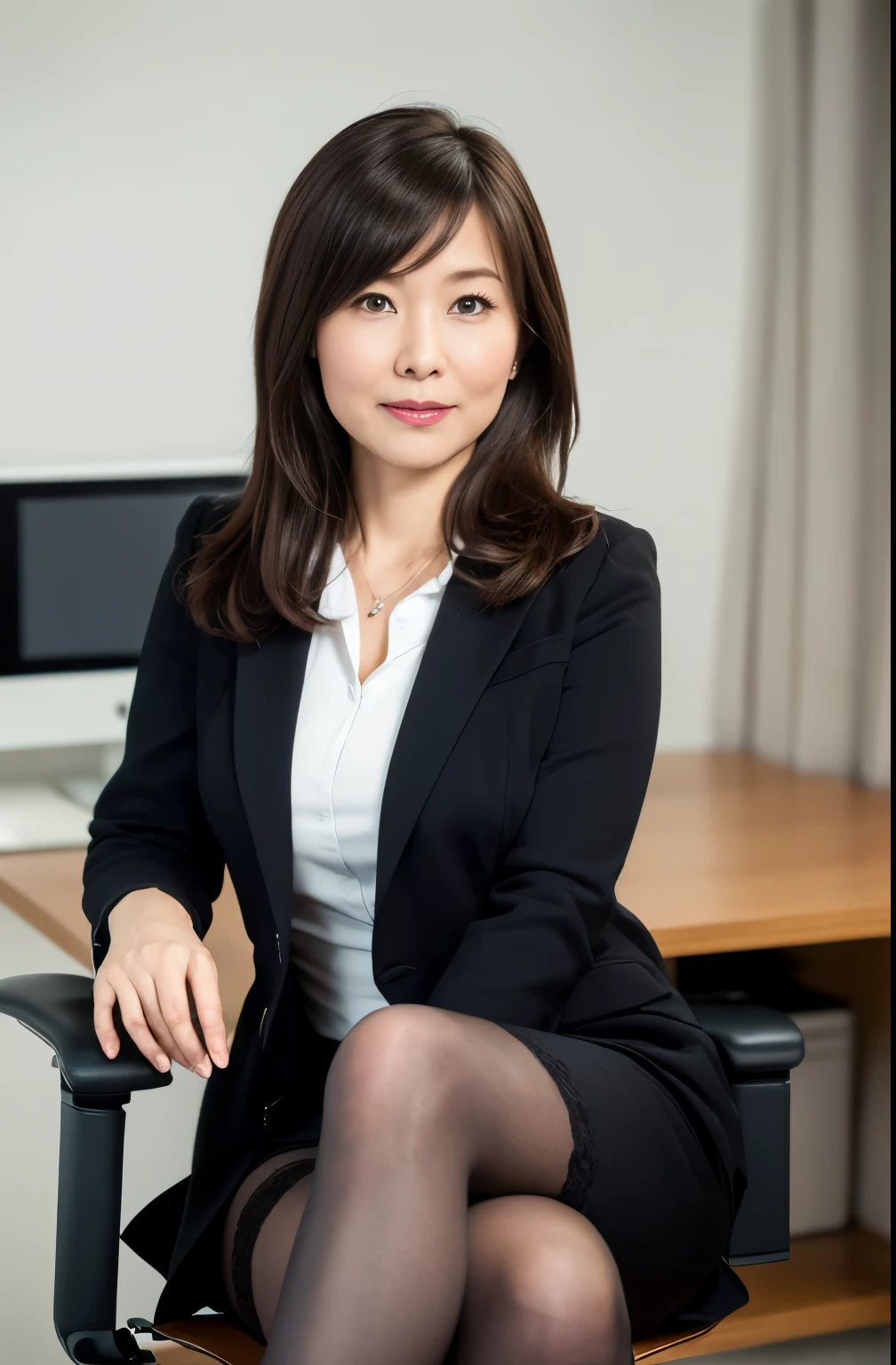 masterpiece, Better Quality, hight resolution, ((Photorealsitic:1.4, Raw photography, ultra high resolution,high quality image)), ((fupper body, portrait:1.2)), 1Milf sitting on office chair, wearing business suit, black stocking, curvy shape0.5, very detailed and professional lighting, (cute facial expressions),