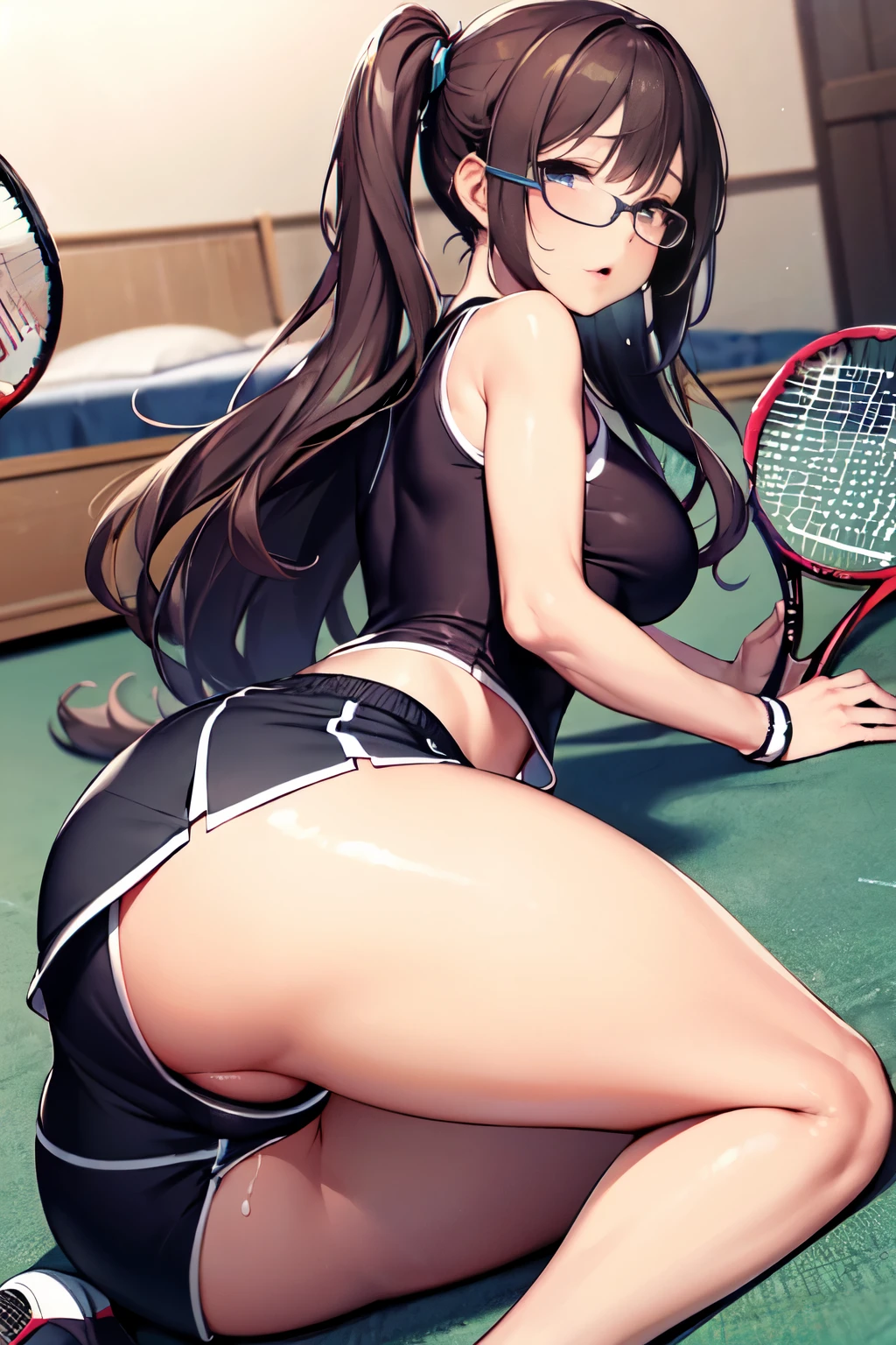 (software:1.5), (Tennis Wear、Skort)、Dark brown wavy long hair、Droopy eyes, Thick thighs, Such an ass, Liar, bed, Open crotch, Dettol, Spread your legs, Show your side, Down the Out、Tears are overflowing、Glasses、(Dynamic pose)、Untidy body、Dynamic Angles、Turning around、Big Ass、It's digging into my ass