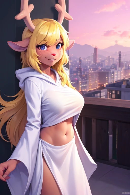 (noelle, furry female anthro, blonde hair, deer girl, red deer nose, white eyes, white pupils, white robe, hooded robe, big breasts, midriff), sad, outstretched arms, green neon city, smiling