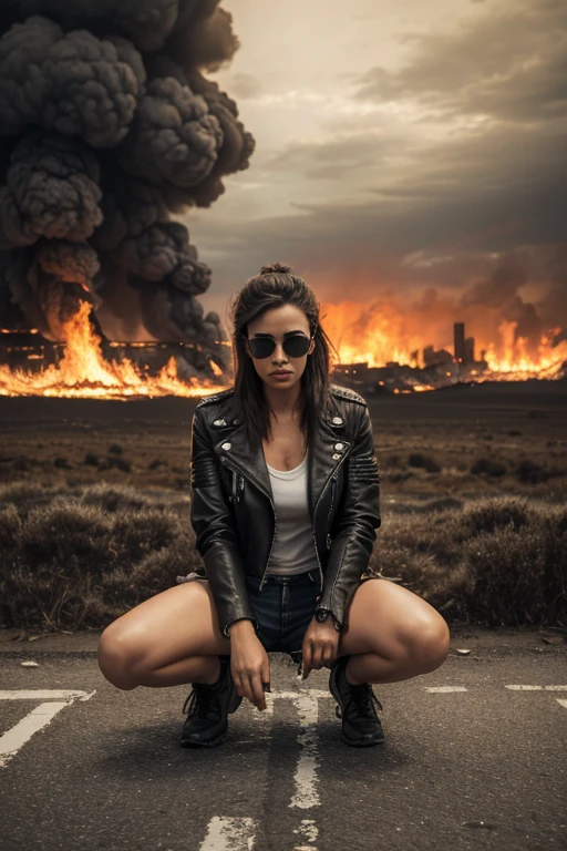 Crouching woman, torn shorts and leather jacket and sunglasses, apocalypse landscape, city with fires
