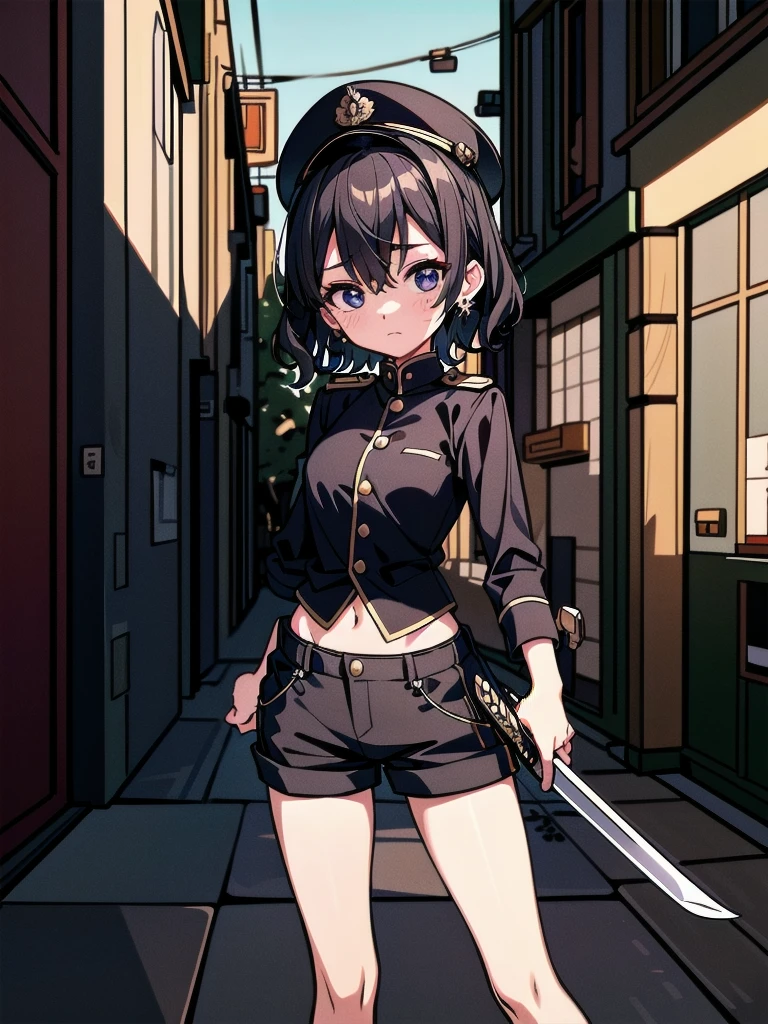 whole body, long sword, Black military uniform, Ladies' military vests, absurdres, RAW photo, extremely delicate and beautiful, masterpiece, Best Quality, ultra high resolution, 32k, hyperrealistic, ultra-detailed, tearful mole, earring, short medium hair, wavy hair, urban backdrop, shorts, midriff, 