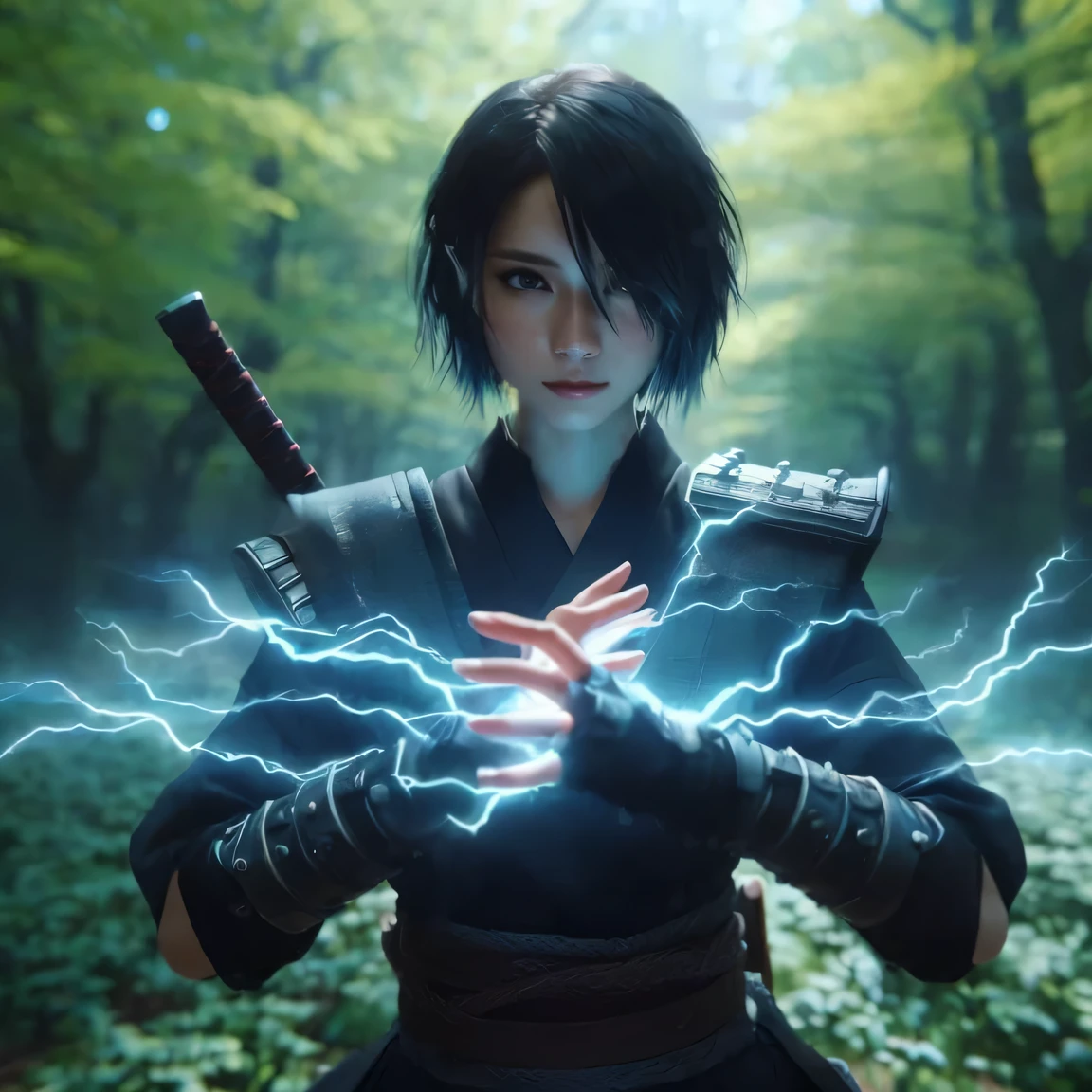 Woman in black holding a sword in the forest, anime badass 8 k, Akihiko Yoshida. unreal engine, Characters in the video game Katana Zero, Lightning in front, cinema style, anime style 4k, unreal engine render + goddess, Very beautiful cyberpunk samurai, The light is beautiful and cinematic., unreal engine character art, 8k octane render, fantasy style