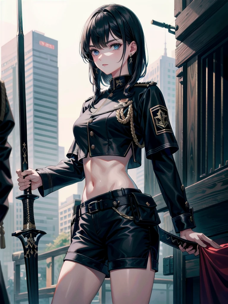 whole body, long sword, Black military uniform, Ladies' military vests, absurdres, RAW photo, extremely delicate and beautiful, masterpiece, Best Quality, ultra high resolution, 32k, hyperrealistic, ultra-detailed, tearful mole, earring, short medium hair, wavy hair, urban backdrop, shorts, midriff,