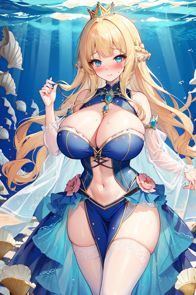 A woman with big ，(Gorgeous woman)，Princess，ahegao，Gorgeous Rococo dance dress，Long blond hair，Exquisite，(See-through chest)，Showing belly，(Blush:1.2)，Slender legs，seabed，(Daughter of the sea)，Shell corset，