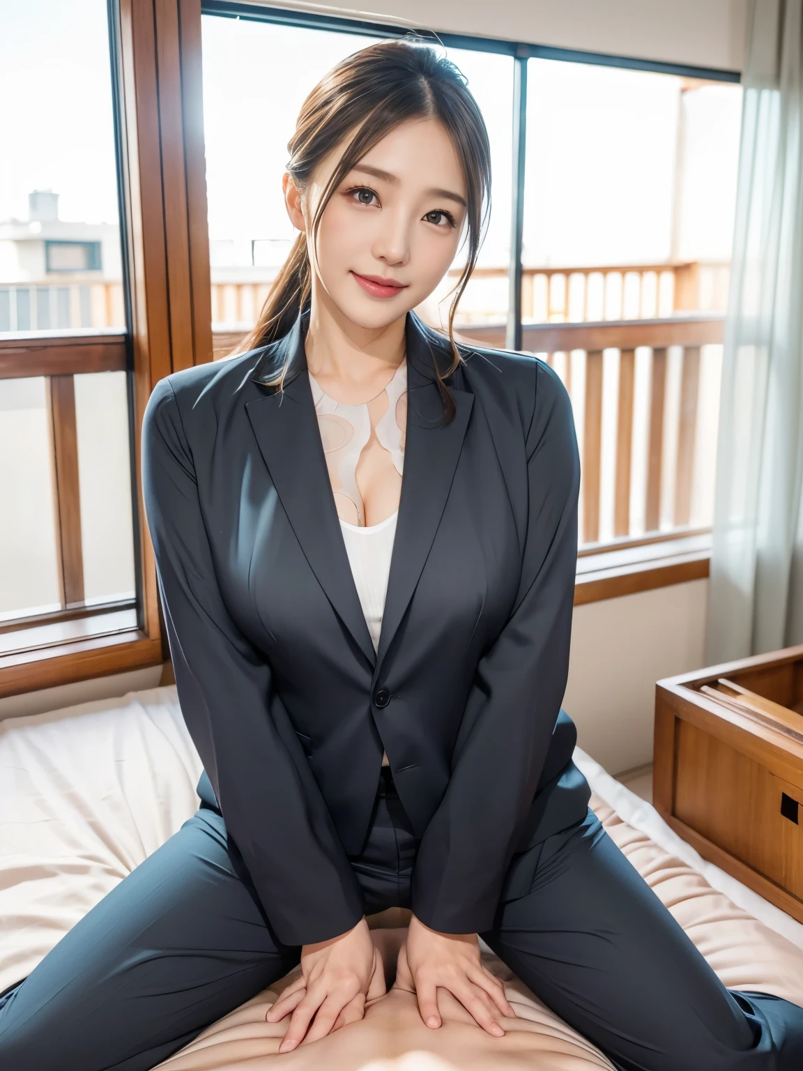 50-year-old woman、Japanese、Classy sex appeal、sexy、Transparent skin、Perfect Lighting、Beauty、Radiant Skin、Transparent beauty、8K High Resolution、Beauty in natural light、High resolution、Photorealistic、Fair skin、Masterpiece、Moist eyes、Saggy udder、Gravure quality、smile、Building district、office lady、Wearing a business suit、walking、pants suit、