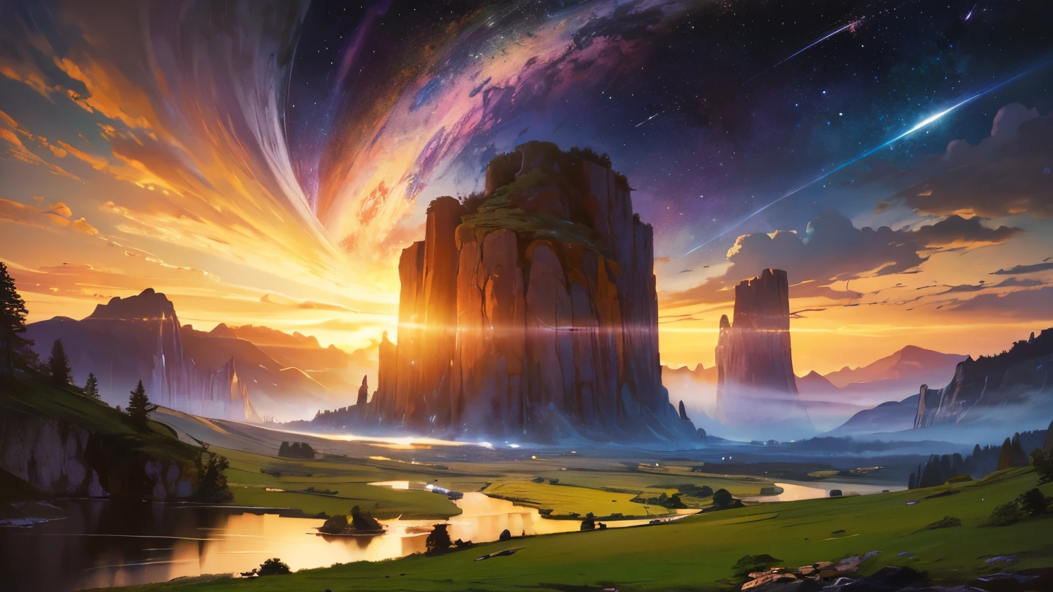 landscape representation of creation of the universe by God in genesis, bright colors, masterpiece, ultra detailed, best quality, Style Rafael Sanzio, Biblical-inspired style, intricate details, and a sense of depth and realism, with soft, luminous colors, convey the emotion and spirituality of the scene