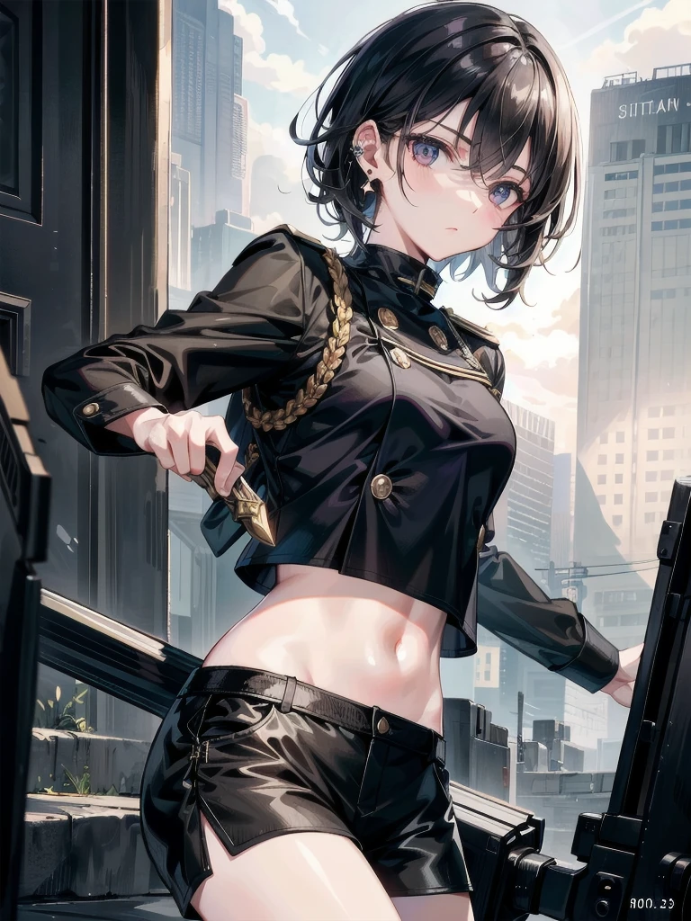 whole body, long sword, Black military uniform, Ladies' military vests, absurdres, RAW photo, extremely delicate and beautiful, masterpiece, Best Quality, ultra high resolution, 32k, hyperrealistic, ultra-detailed, tearful mole, earring, short medium hair, wavy hair, urban backdrop, shorts, midriff, 