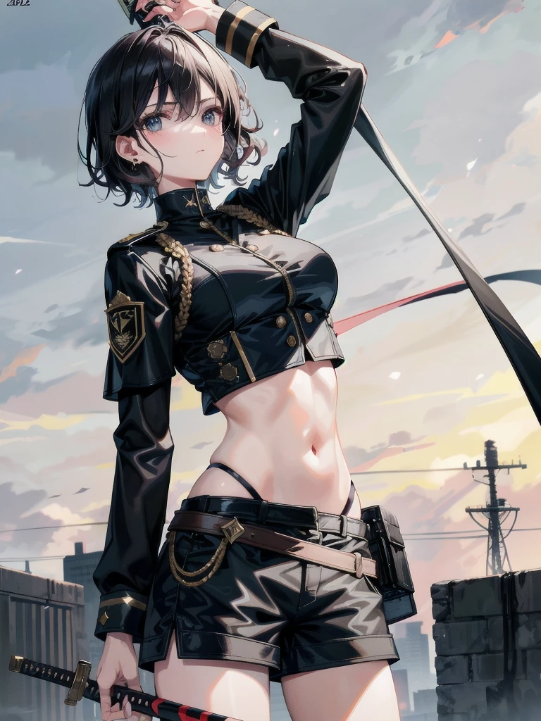 whole body, long sword, Black military uniform, Ladies' military vests, absurdres, RAW photo, extremely delicate and beautiful, masterpiece, Best Quality, ultra high resolution, 32k, hyperrealistic, ultra-detailed, tearful mole, earring, short medium hair, wavy hair, urban backdrop, shorts, midriff, 