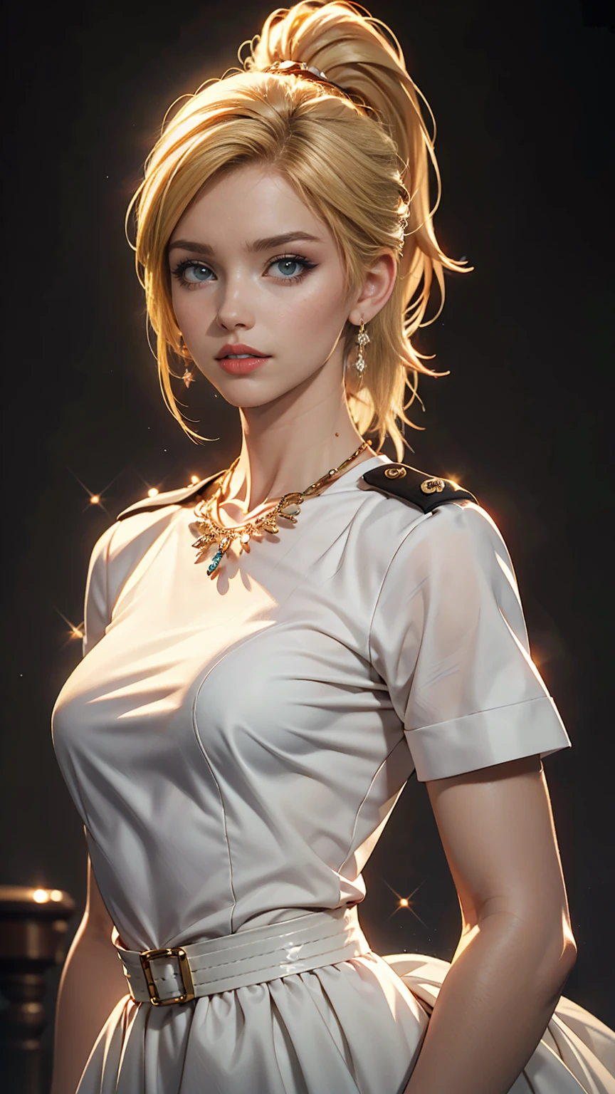 比類のないmasterpiece, Ultra-realistic 8K CG, Perfect artwork, ((The perfect woman)), Mature Woman, Narrow waist, Fascinating, clean, Beautiful Face, {Very delicate and beautiful girl} , 8k wallpaper, {{{masterpiece}} }, One girl, Blonde, blue eyes, ponytail, Police uniform, jewelry, lips, lipstick, Long Hair, Watch the audience, compensate, lips, red lips, Simple Background, alone, Upper Body, (Shiny skin),
