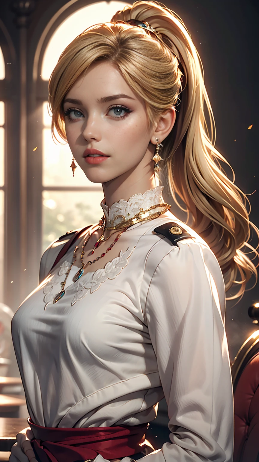 比類のないmasterpiece, Ultra-realistic 8K CG, Perfect artwork, ((The perfect woman)), Mature Woman, Narrow waist, Fascinating, clean, Beautiful Face, {Very delicate and beautiful girl} , 8k wallpaper, {{{masterpiece}} }, One girl, Blonde, blue eyes, ponytail, Police uniform, jewelry, lips, lipstick, Long Hair, Watch the audience, compensate, lips, red lips, Simple Background, alone, Upper Body, (Shiny skin),